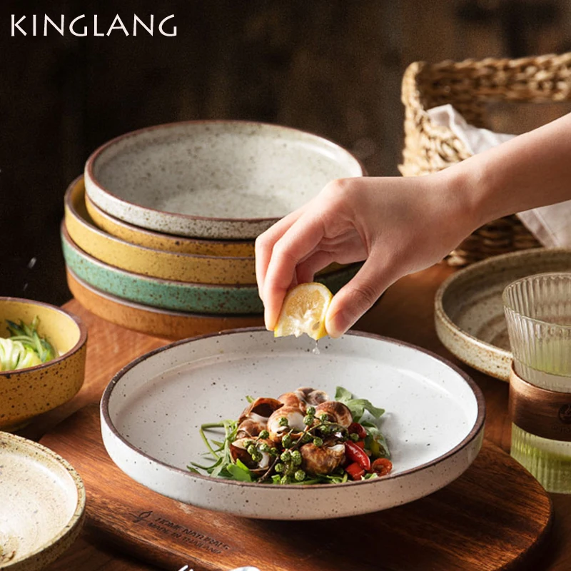 KINGLANG Japanese Plate Retro Shallow Plate Dessert Salad High