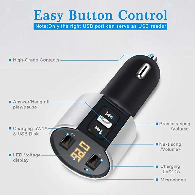 Bluetooth fm-передатчик для автомобильного адаптера автомобильный комплект с громкой связью и 2 портами USB зарядное устройство 5 В/2.4A1A