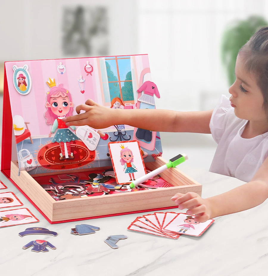 

Children Wooden Toy Educational Multi-functional Magnetic Double-sided Puzzle Cartoon Girl Dress Up Puzzle Drawing Board Toys