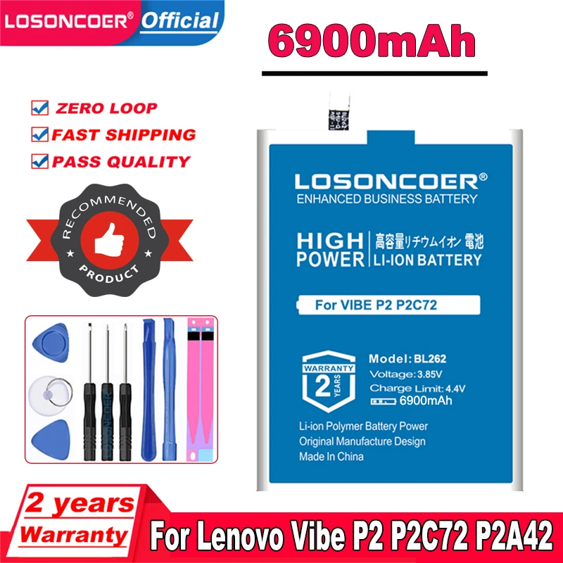 

LOSONCOER 6900mAh BL262 Battery For Lenovo Vibe P2 p2a42 P2a40 p2c72 C72 A42 Mobile Phone Battery+Quick Arrive