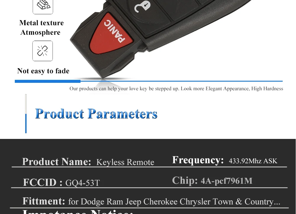 Keyforkess GQ4-53T 433MHz 4A Chip Fobik Remote Car Key fob per Dodge RAM Jeep Cherokee Sport KL Chrysler Town & Country 2014 - H7fd779bbec2f4e7c88b2a9829821d4efh