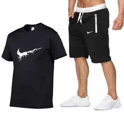 Летний хлопковый Мужской комплект с короткими рукавами наборы футболок Мужские шорты комплект контрастного цвета комплект из двух
