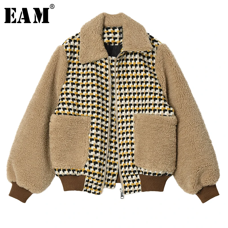 [EAM] Свободная куртка цвета хаки с карманами из овечьей шерсти большого размера, новая женская куртка с отворотом и длинным рукавом, модное пальто осень-зима 19A-a103