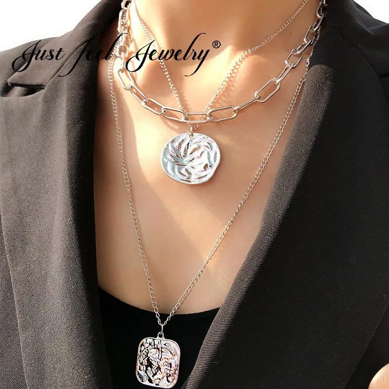 JUST FEEL Vintage Gold Silver Color Portrait Round Coin Choker Necklace Women Multi-layer Pendant Necklace Statement Accessories