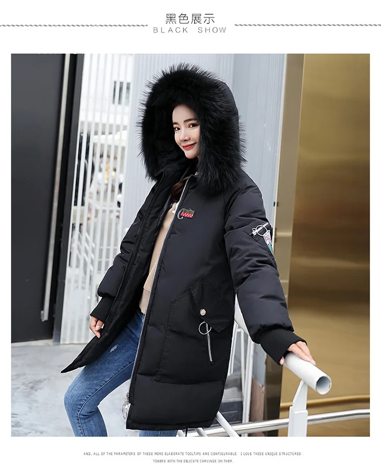 Зимняя куртка, Женское пальто, новая мода, повседневное, мех, с капюшоном, средней длины, хлопок, утепленная парка, вышивка, зимняя верхняя одежда, Y55 - Цвет: Black