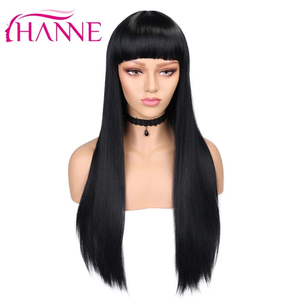 HANNE длинные прямые синтетические парики с челкой 24 дюйма черные волосы жаропрочные Косплей или вечерние парики для черных или белых женщин