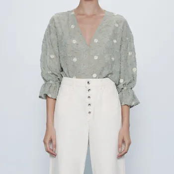 

ZA Semi-sheer Summer Shirt Women 2020 V-neck Ruffled Elastic Cuffs Top Female Polka Dot Blouse Elegant Textured Weave Shirts