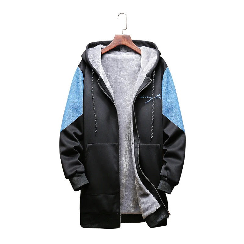 

2019 winter new stitching denim large size hooded long men's windbreaker men plus velvet thick warm hooded casual sweatshirt