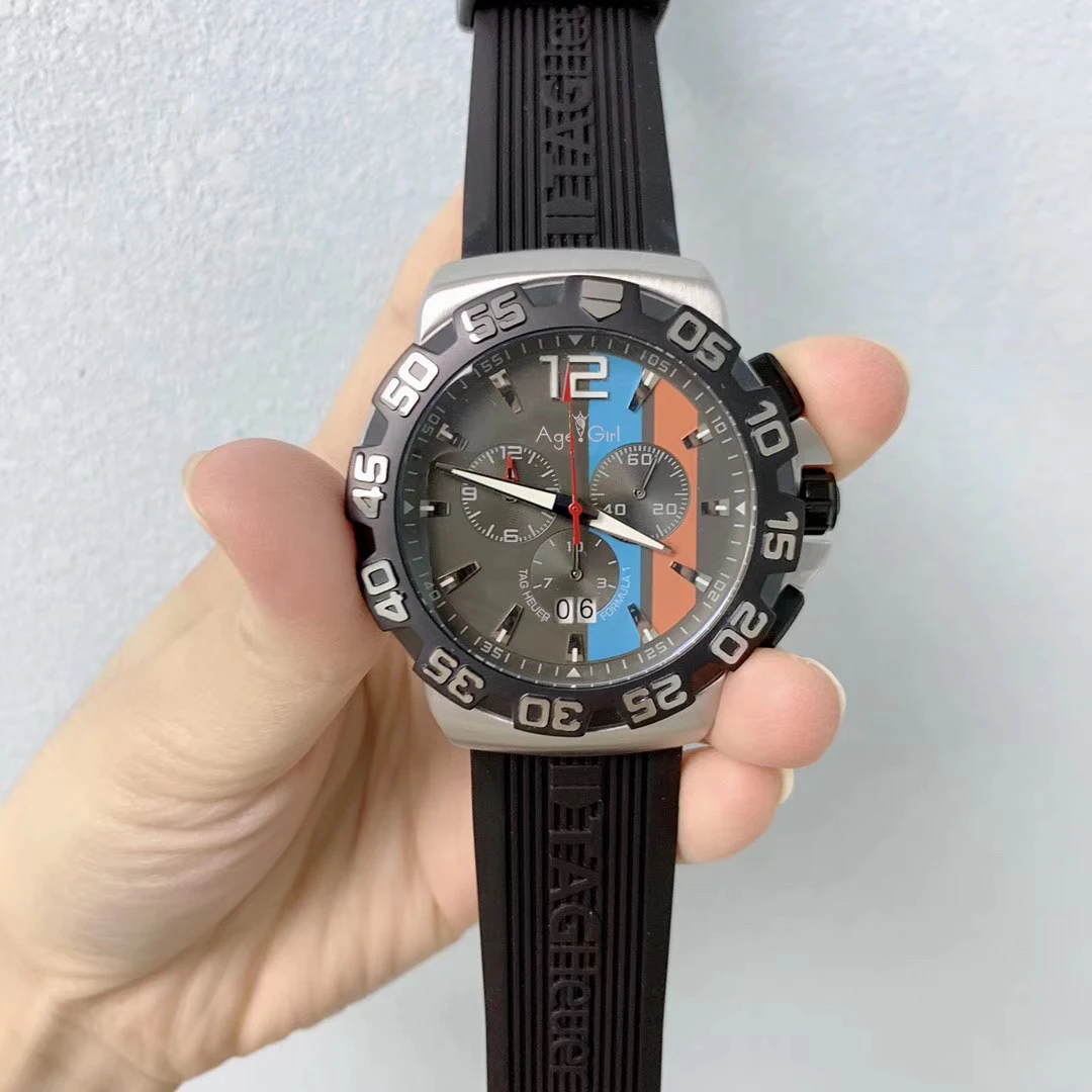 Rubber Grey Роскошные брендовые новые мужские часы из нержавеющей стали с серебристым черным ободком, серым хронографом, сапфиром и водонепроницаемым резиновым ремешком AAA - Цвет: Rubber Grey