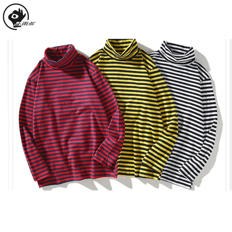Little Raindrop Men's Long Sleeve T-Shirt 2020 Fall Winter New Striped Loose Turtleneck Bottoming Shirt | Мужская одежда