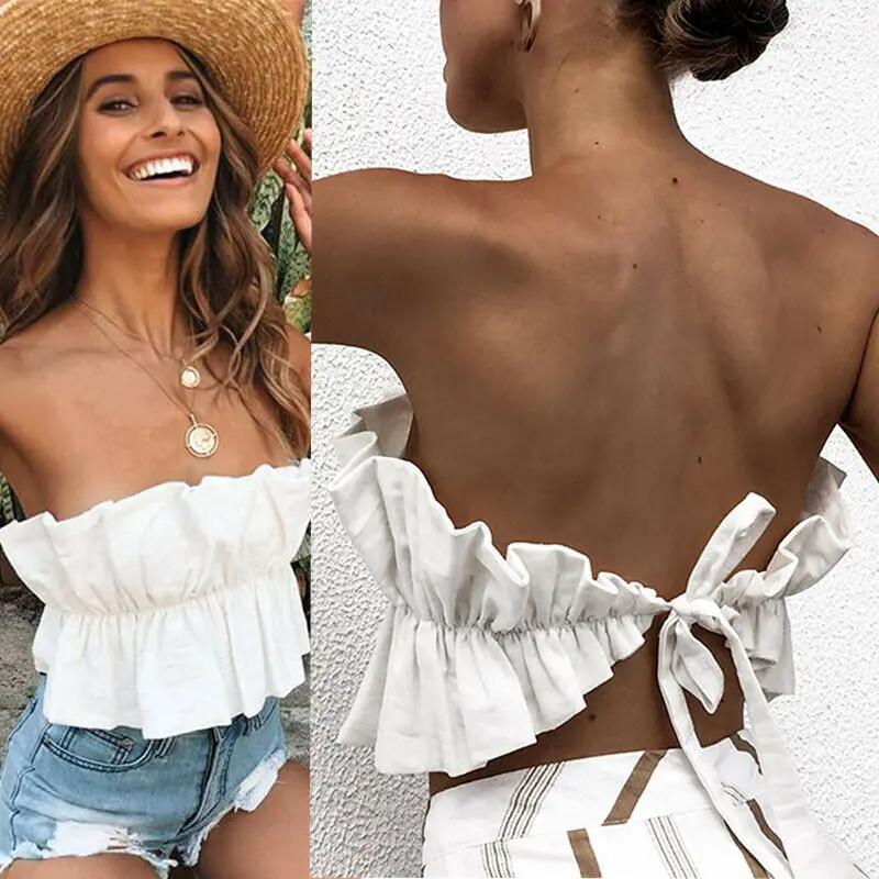 

US Women Solid Color Camis Summer Sleeveless Crop Tank Tops Vest Stripless Ruffle Beach Pleated Vest
