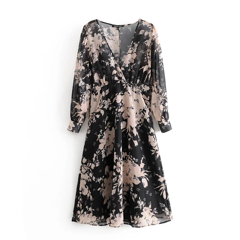 black dress Звездный Светлячок, модное женское платье Za, осень, повседневное, тонкое, v-образный вырез, полупрозрачное, цветочный принт, платье для женщин - Цвет: black dress