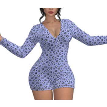 

Sexy Women Onesie Underwear Bodysuit Long Sleeve Button Deep V Neck Bodycon Stretch Leotard Short Romper Pajamas Overalls