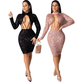

Elegant Hollow Out Sequin Dress Turtleneck Long Sleeve Bandage Dress Party Clubwear Sexy Dresses Bodycon Black Womens Dresses