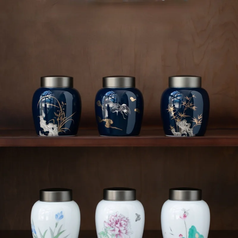 Chinese-style Ceramic Tea Cans for Storage of Tea Sealed Cans for Household Kitchens Creative Portable Alloy Lid Storage tea tin box,tea canister,airtight container