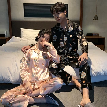 

Sexy satin couple pajamas set Spring Summer new cardigan Men And Women Silk Pyjama Home Leisure Sleepwear Suit Sleep Wear Pijama