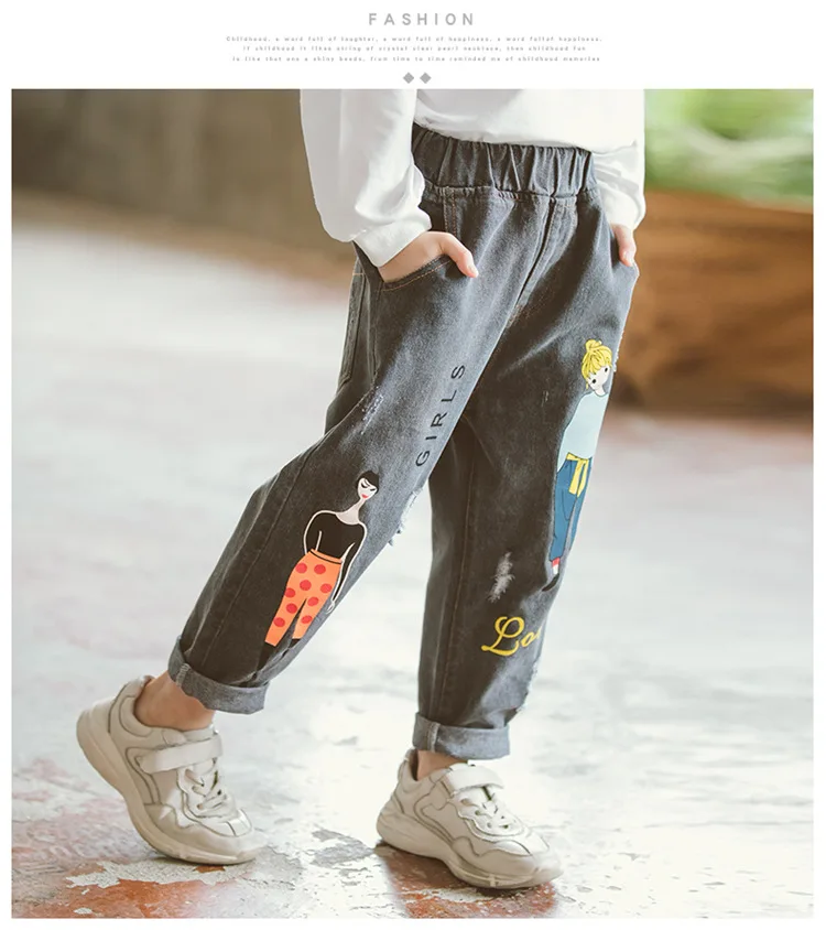 Girls Autumn Jeans New Style Cartoon Figure Casual Trousers GIRL'S Big Boy Fashion Cowboy Trousers