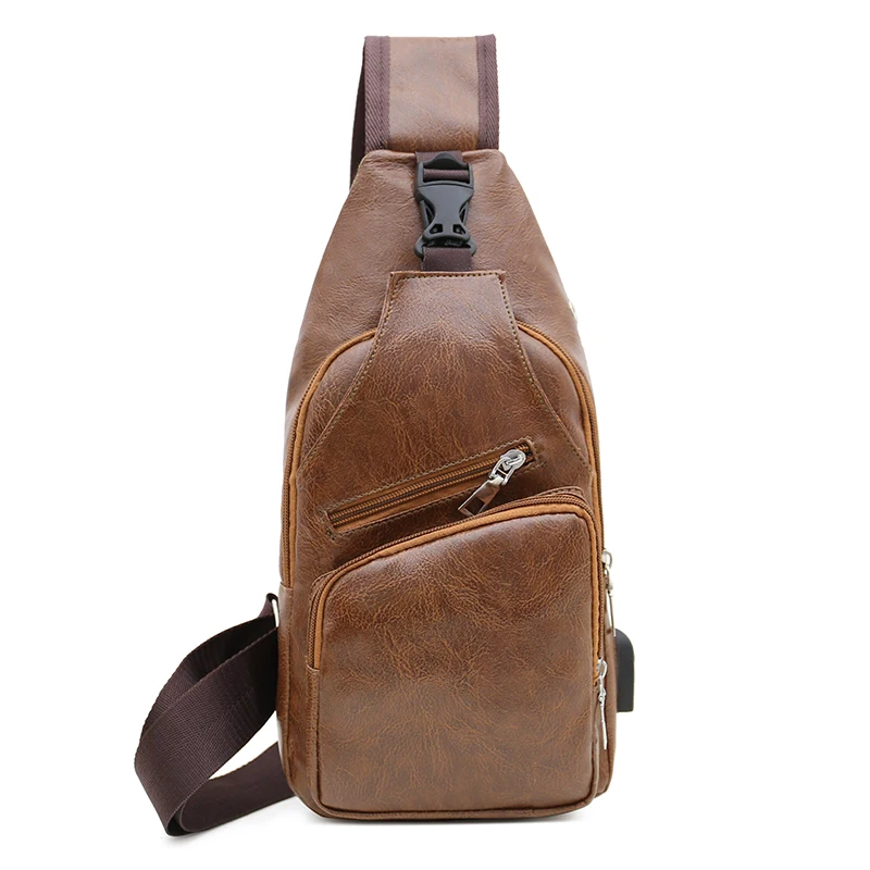 Мужская кожаная сумка на ремне через плечо, рюкзак, Байкерская сумка, usb зарядка, спортивная сумка через плечо - Цвет: Light Brown