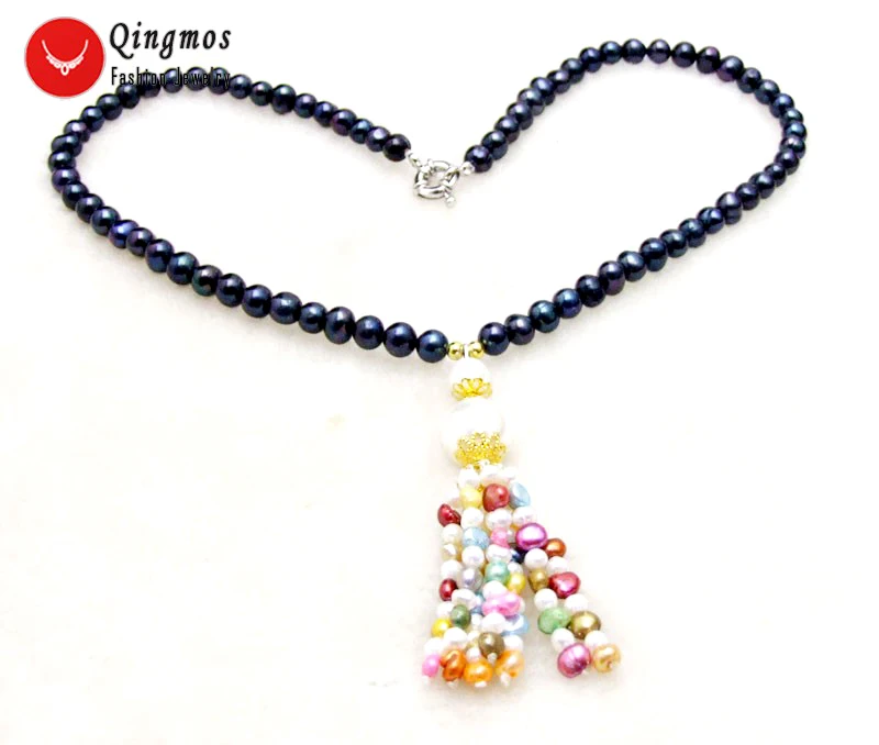 Qingmos Natural 6mm Round Black Pearl Necklace for Women & Multicolor Baroque Pearl Tassel Pendant Necklace Long Necklace 20''