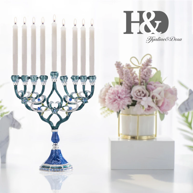 H&D, ручная роспись, эмалированный канделябр Menorah, украшенный синими кристаллами, иудаизм, подсвечники Chanukah, 9 веток канделябры