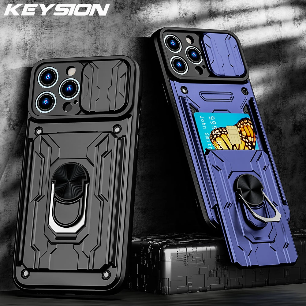 KEYSION Shockproof Case for iPhone 13 12 11 Pro Max 카드 슬롯 링 스탠드 카메라 보호 전화 커버 iPhone XR XS Max