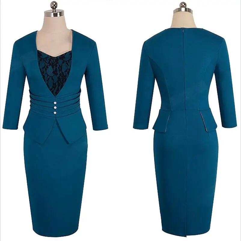 Blue Long Sleeve Женское платье, костюмы, весна-лето, официальная одежда для офиса, для девушек, для работы, бодикон, тонкое женское платье-карандаш, поддельный комплект из двух частей, наряд - Цвет: Blue Long Sleeve