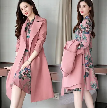 

Spring Autumn Ladies Dress Suits for Office Wear Long Trench Coat and Knee Length Dress 2 Piece Set Women Formal Dresses Suit