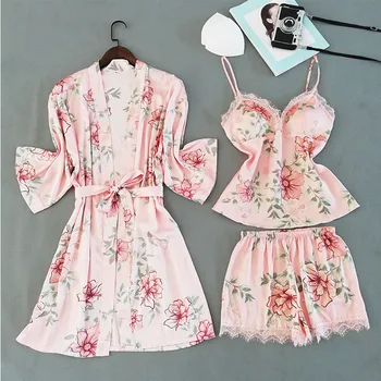 

Print Kimono Bathrobe Gown Nightgown Nightgown Sexy Lace Nightwear 3PCS Pajamas Suit Female Satin Intimate Lingerie Sleepwear