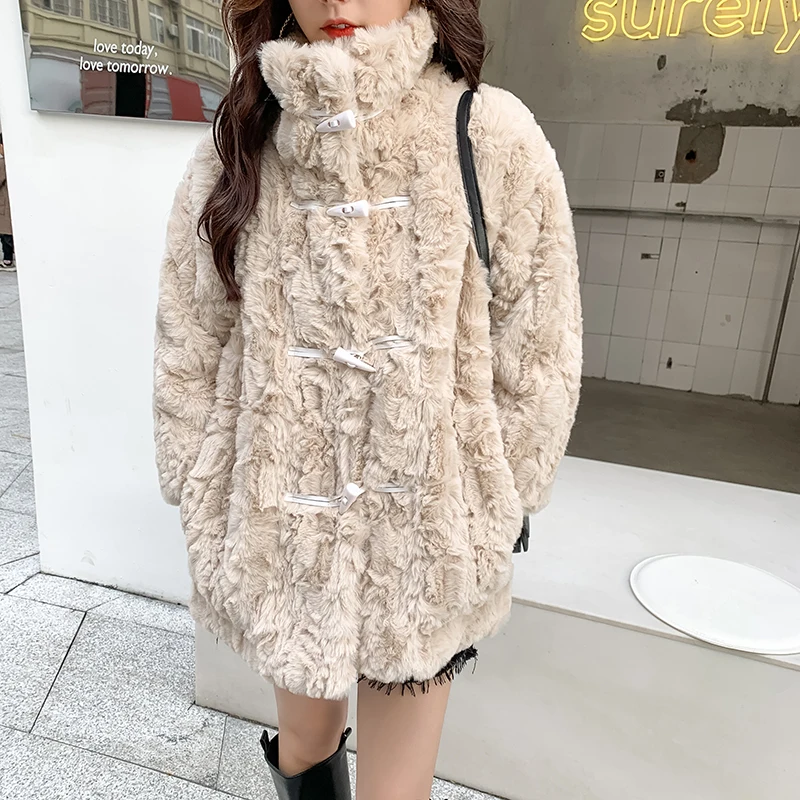 

Mid-length High quality Imitation rabbit fur Thick warm Winter Women Faux fur coats Female Lambswool coat Soft Plush Outerwear