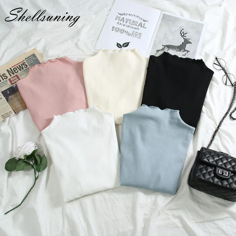 

Shellsuning T-shirt Cotton Thin Knitted Women Clothes 2019 New Autumn Korean Ruffle Sleeve Solid Color Bottoming Shirt Female