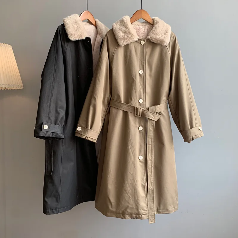 

2019 Furry Inner Turn Down Collar Long Sleeve Winter Long Coat With Belt Women Tops Single Button Women Coat Casaco Feminino
