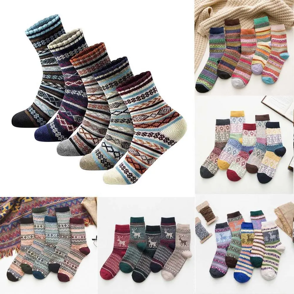 5 пар, Женские винтажные полосатые носки с принтом, Носки ярких цветов, зимние шерстяные плотные теплые повседневные носки, skarpetki A40