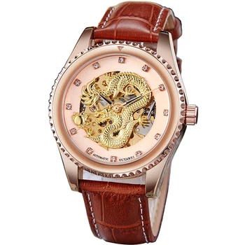 

Luxury Rose Gold Dragon Watch Men Skeleton Automatic MECHANICAL Wristwatch Engraved Golden Steel Genuine Leather Band Male Reloj