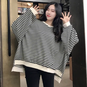 

Winter Women's Hoodies Long Sweatshirt Autumn Round Neck Bat Sleeve Striped Pullover Tops Women Clothes For Girls*