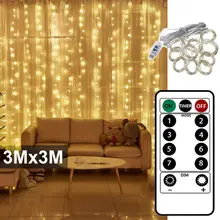 3x3m kurtyna fantazyjna światła LED pilot USB Garland łańcuchy świetlne dla domu okno sypialni dekorację na imprezę świąteczną tanie tanio LISM CN (pochodzenie) 1 Year CHRISTMAS Z tworzywa sztucznego Żarówki led Brak Klin 300cm 1-5 m WHITE Niebieski MULTI Ciepły biały