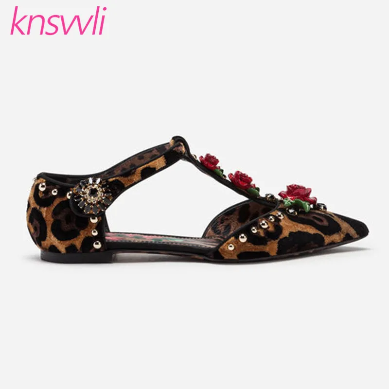 Новые свадебные туфли с леопардовым принтом и розами; женские туфли-лодочки на тонком высоком каблуке с Т-образным ремешком и кристаллами; Zapatos De Mujer