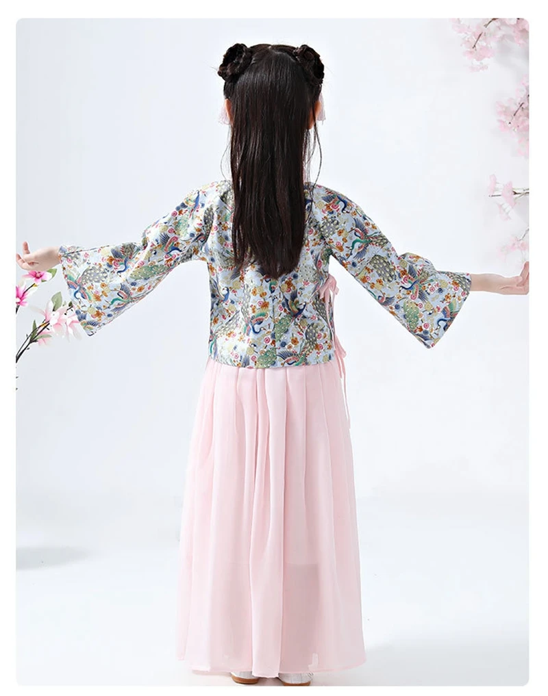 Hanfu/Улучшенный костюм для девочек с вышивкой павлина; платье принцессы в китайском стиле; детская юбка; костюм для девочек