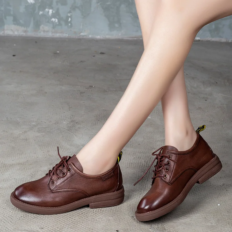 

Tenige Genuine Leather Single Female 2020 Season Women's Flat Bottom Casual Shoes Head Layer Cowhide Lace Low Help