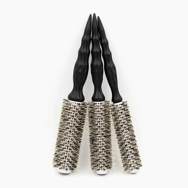 IRUI 1pc Natural Boar Bristle Round Brush Groove Design Handle Hair Rolling Brush For Hair Drying Styling