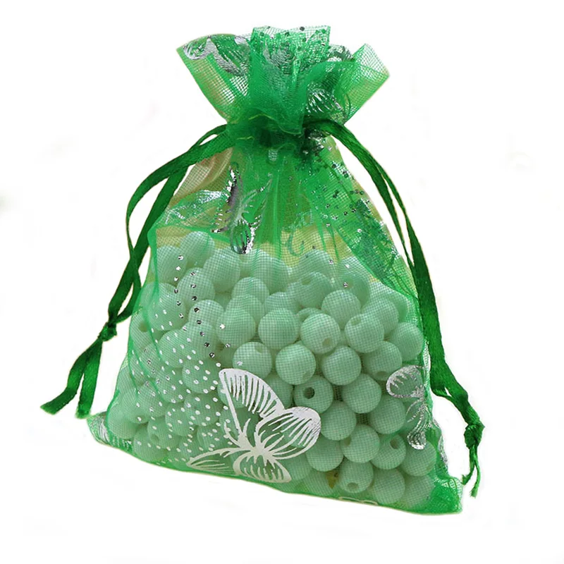 100pcs/lot Silver Butterfly Organza Bag Christmas Wedding Voile Gift Bag Jewelry Packing Drawstring Pouch Decoration Storage Bag - Цвет: green butterfly