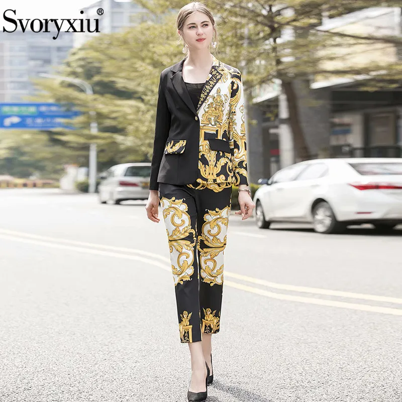 

Svoryxiu Designer Autumn Winter Fashion Two Piece Set Women's Long Sleeve Gold Angel Print Jackets + Pants Suits Vintage