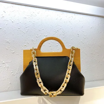 

Wooden Clip Shoulder Bag Women 2020 New Korean Acrylic Chain PU Clutch Handbag Ladies Retro Messenger Bag Fashion High Quality