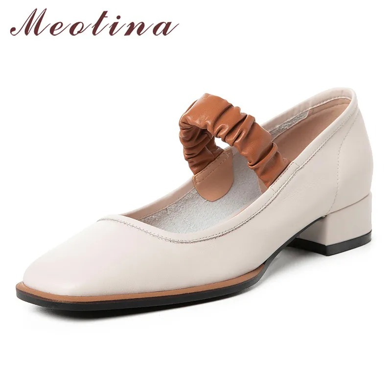 

Meotina High Heels Women Shoes Natural Genuine Leather Thick Heels Mary Janes Shoes Real Leather Square Toe Pumps Female Size 39