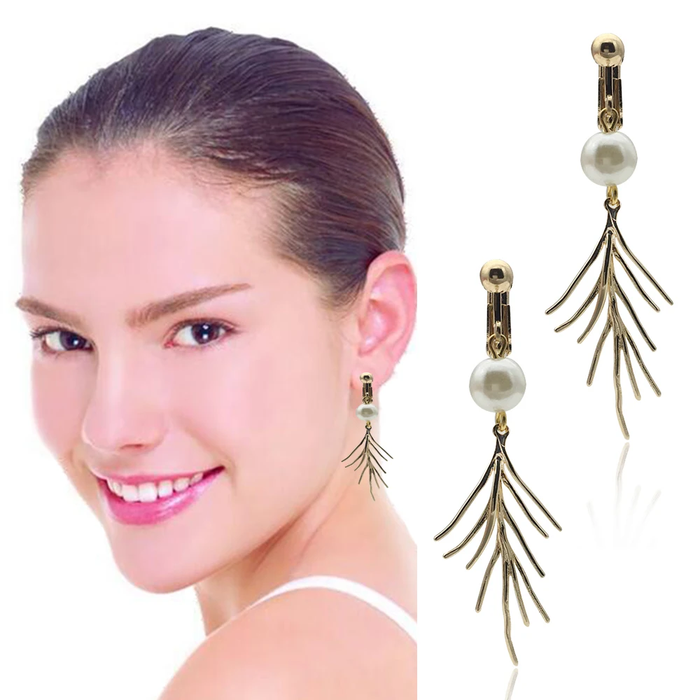 

New Imitation Pearl Copper Long Earring Fan Shaped Tassel Temperament Non Pierced Clip on Earrings Ladies Jewelry
