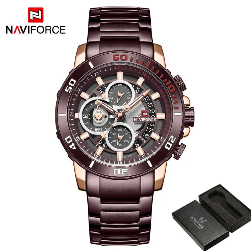 NA917403 with box NAVIFORCE, мужские часы, новинка, спортивные мужские наручные часы, лучший бренд, Роскошные, серебряные, военные, хронограф, нержавеющая сталь, кварцевые мужские часы 9174 - Цвет: NA917403 with box