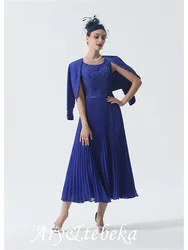 Mother of the Bride Dress Elegant&Luxurious Wrap Included Scoop Neck Tea Length Chiffon 3/4 Length Sleeve with Lace Ruching 2021