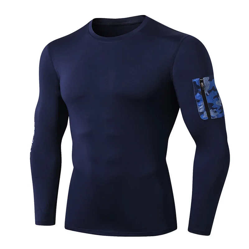 Мужская футболка Rashguard, Мужская компрессионная футболка, футболка для спортзала, черная футболка с длинным рукавом, камуфляжная рубашка с рукавом и карманом на молнии, базовый слой для мужчин