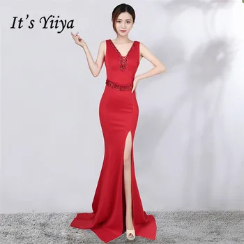 

Red Evening Gown It's Yiiya DX380 Floor-Length Split Mermaid Evening Dress Plus Size Crystal V-Neck Sleeveless Robe De Soiree