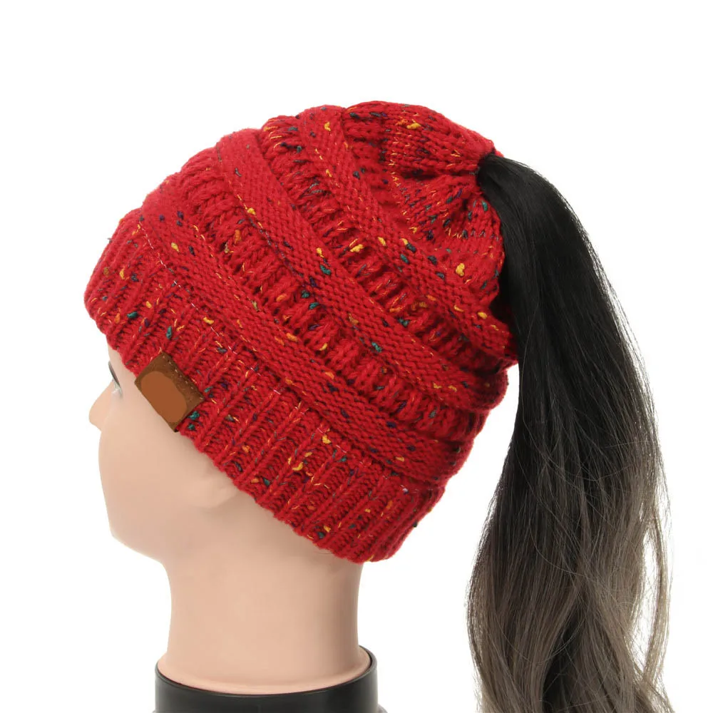 25 цветов конфетти Ponytai l Beani e для вязаный бюстгальтер шапка Skullies Beanies теплая шапка s Женская вязаная Стильная шапка с биркой - Цвет: Red