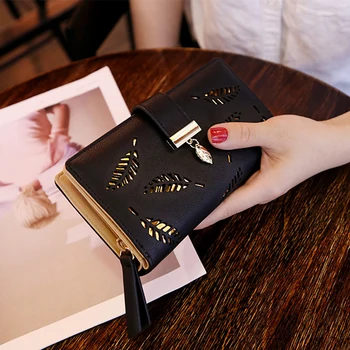 

Women Wallet PU Leather Purse Female Long Wallet Gold Hollow Leaves Pouch Handbag For Women Coin Purse Card Holders Clutch
